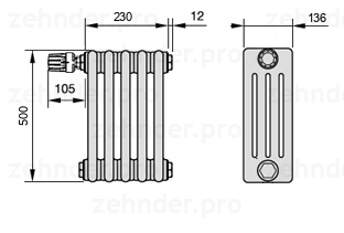Схема (чертеж) Радиатор Zehnder Charleston 4050/5 №V012 Белый глянцевый RAL 9016